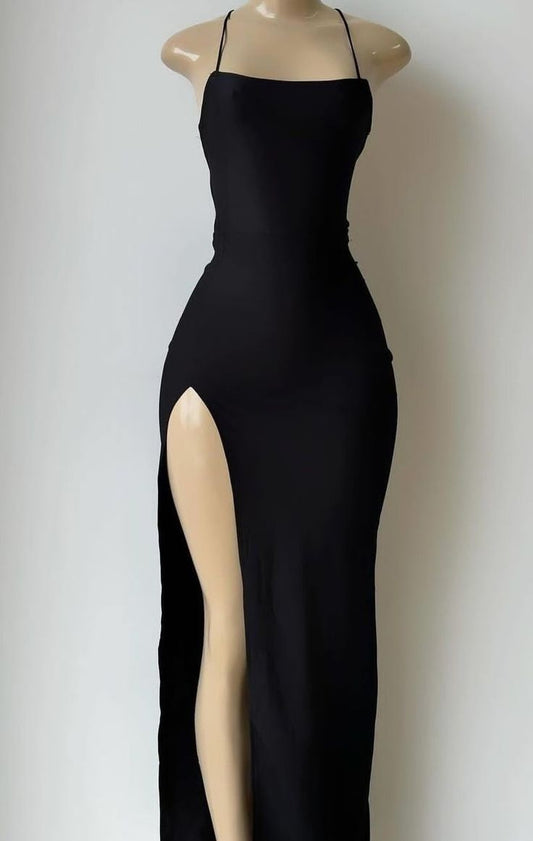 Elegantes vestidos de fiesta negros, vestido de fiesta de moda con abertura fg6448