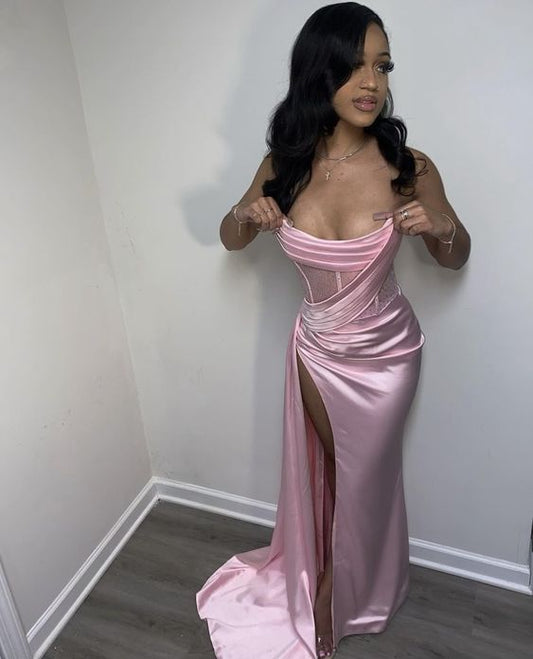 Vestidos de fiesta sin grapas con aberturas hasta el muslo, pliegues y abalorios, trajes de cumpleaños, vestido de noche fg7531