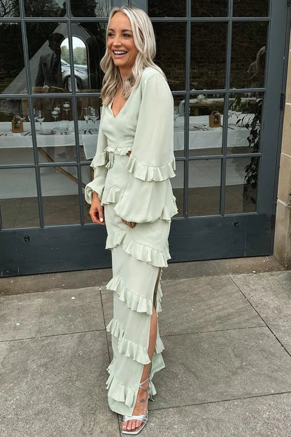 Chic Sheath V Neck Long Sleeves Sage Long Bridesmaid Dresses with Slit VK24111204