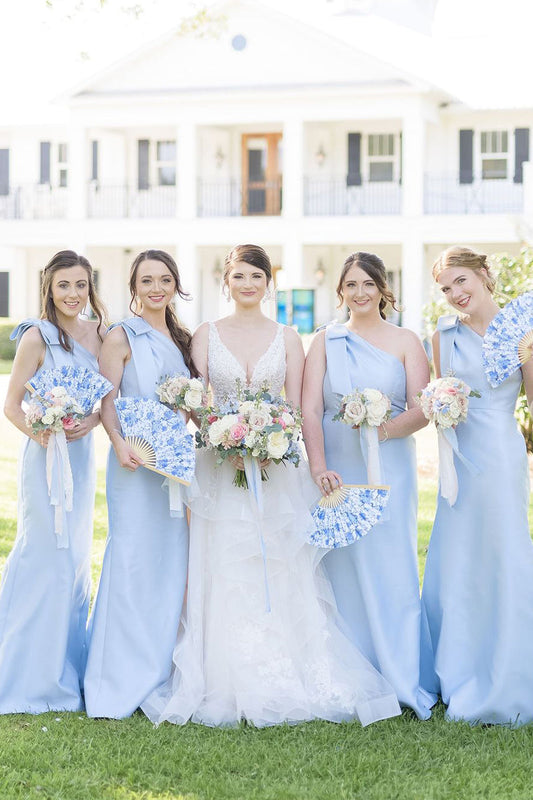 Elegant One Shoulder Mermaid Light Blue Satin Long Bridesmaid Dresses VK24053101