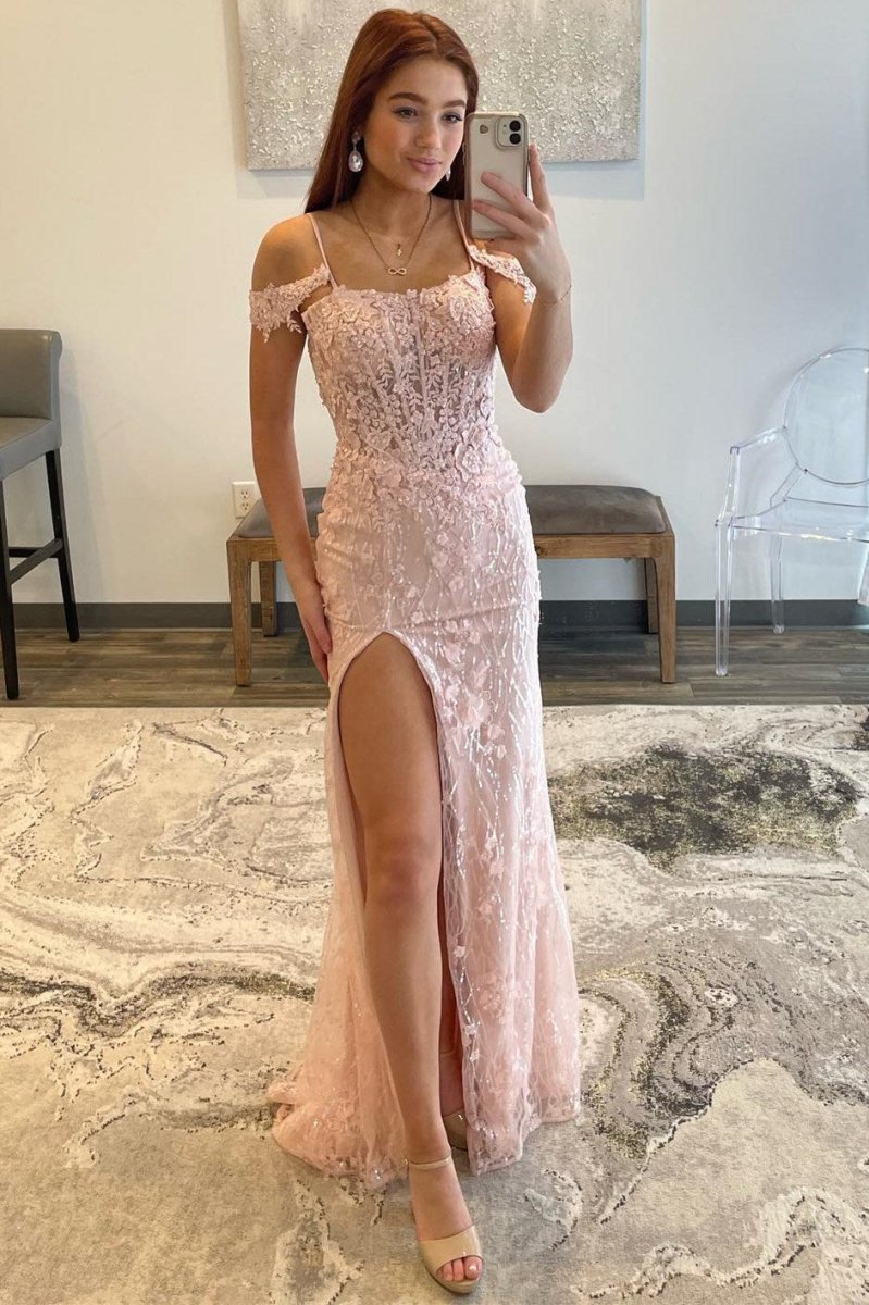 Gabriela | Vestido de fiesta de sirena con tirantes finos, encaje y lentejuelas con abertura