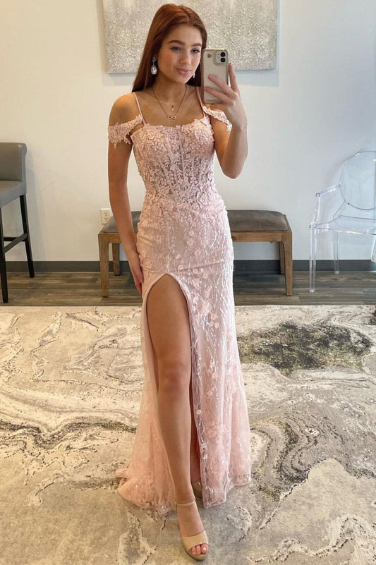 Gabriela | Vestido de fiesta de sirena con tirantes finos, encaje y lentejuelas con abertura