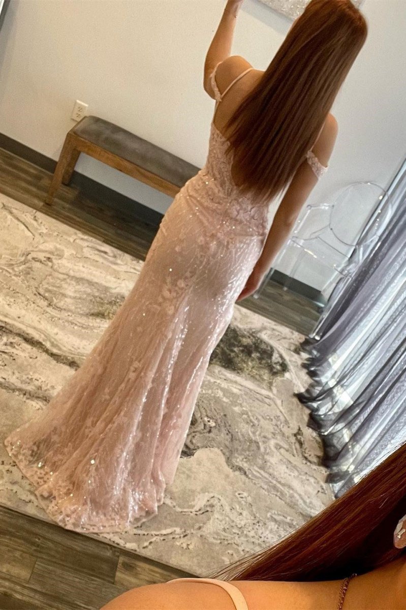 Gabriela | Vestido de fiesta de sirena con tirantes finos, encaje y lentejuelas con abertura