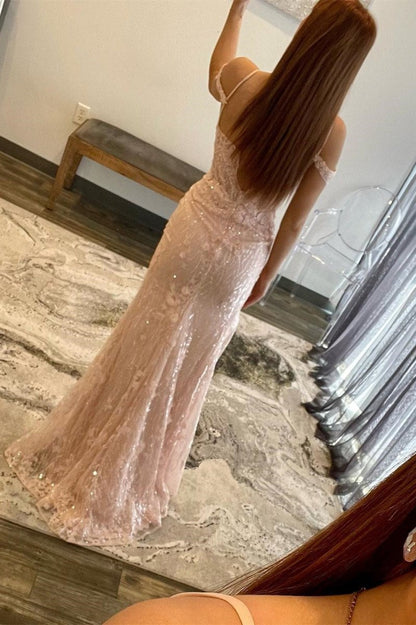 Gabriela | Vestido de fiesta de sirena con tirantes finos, encaje y lentejuelas con abertura