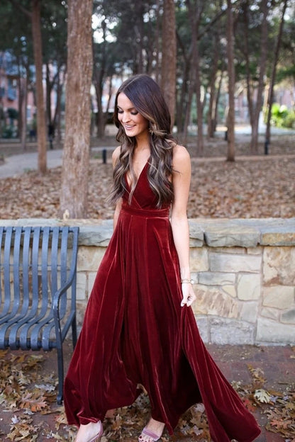 Elegant A-Line Halter Backless Burgundy Velvet Long Bridesmaid Dresses Prom Gown VK0610001