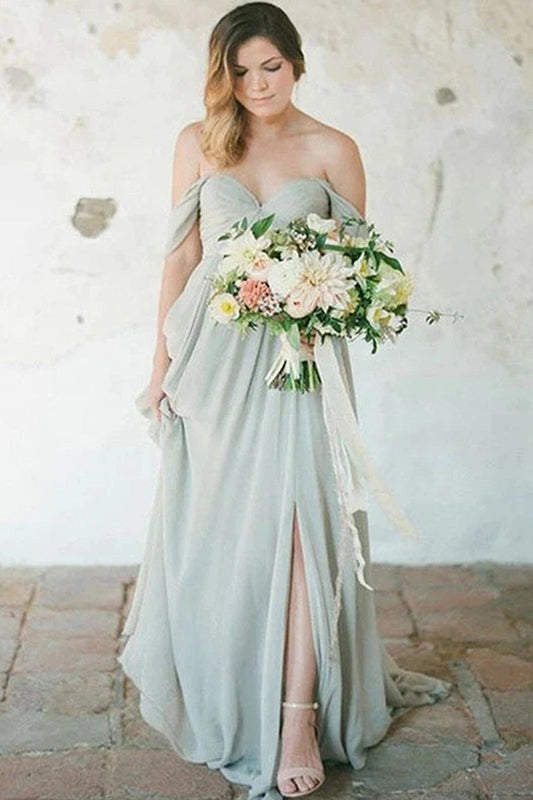 Simple A-Line Off the Shoulder Chiffon Long Bridesmaid Dresses with Split VK0123009