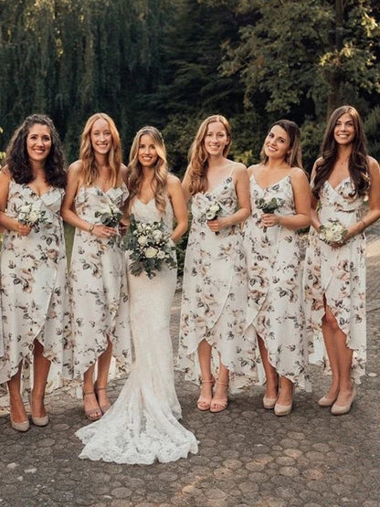 Charming Chiffon V-neck Floral Printed Bridesmaid Dresses With Slit VK0321006