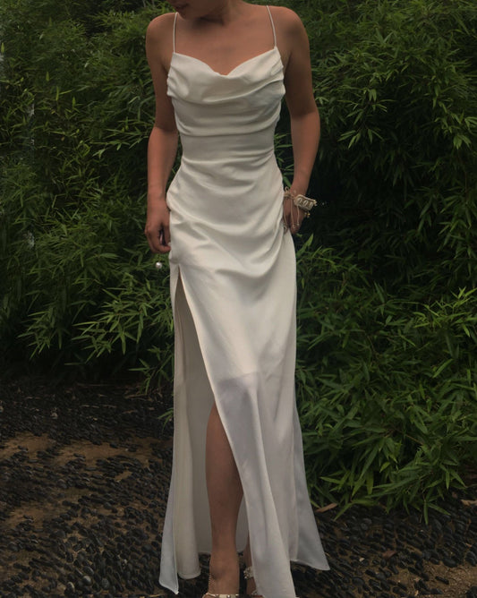 LTP0391,Vestido de fiesta largo color marfil con tirantes finos, vestido de noche formal, vestido de novia de satén dividido