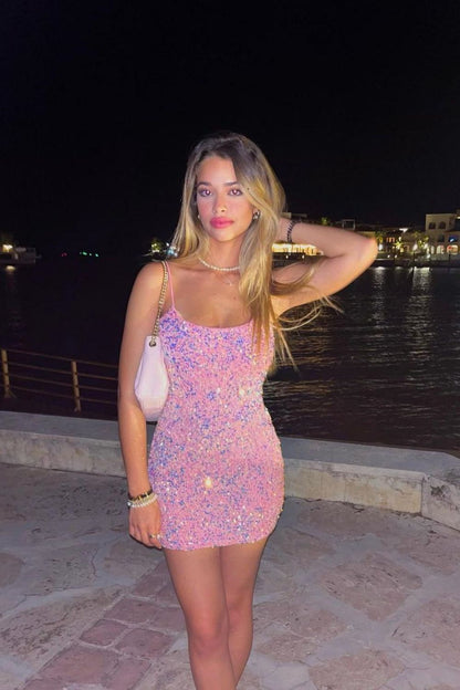 Cute Sheath Spaghetti Straps Pink Sequins Short Homecoming Dress
