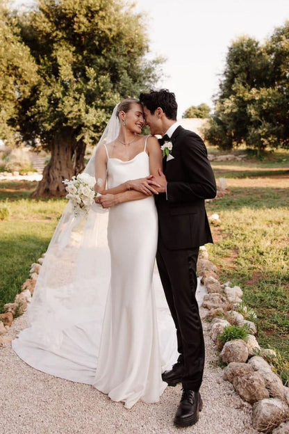 Simple Mermaid Spaghetti Straps White Long Wedding Dress