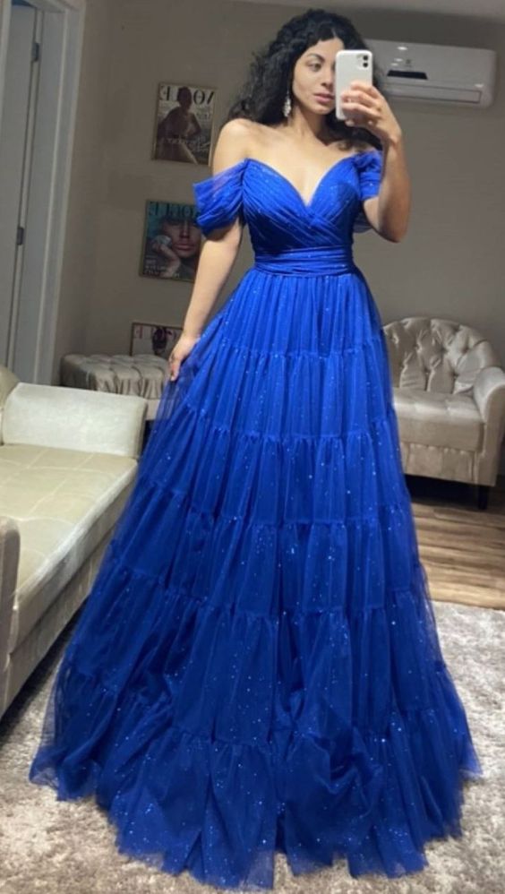 Vestido de noche formal largo de tul azul real con corte en A fg3022