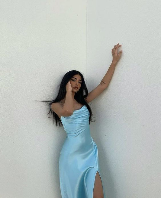 Vestido de fiesta sencillo, vestido de cumpleaños, vestido de fiesta azul fg2891