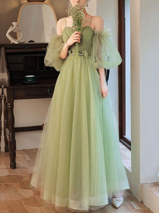 Vestido de fiesta largo de tul verde en forma de A, vestido formal de tul verde fg2704