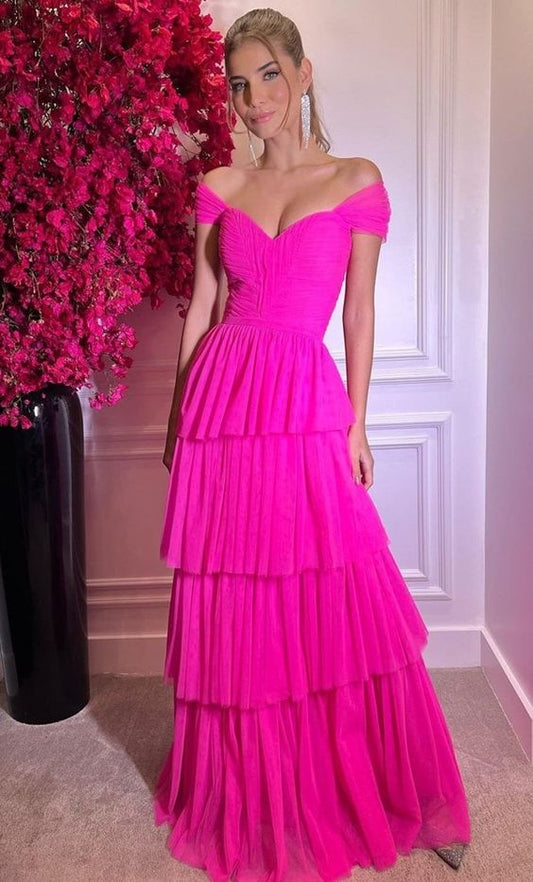 Vestidos de fiesta largos con hombros descubiertos de color rosa intenso fg3033