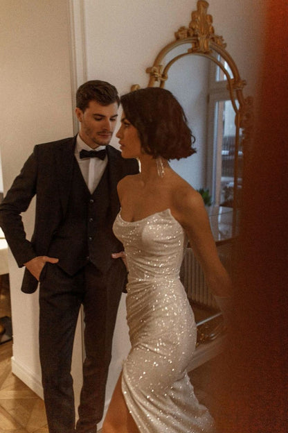 Charming Sweetheart Silver Sequins Long Party Dress