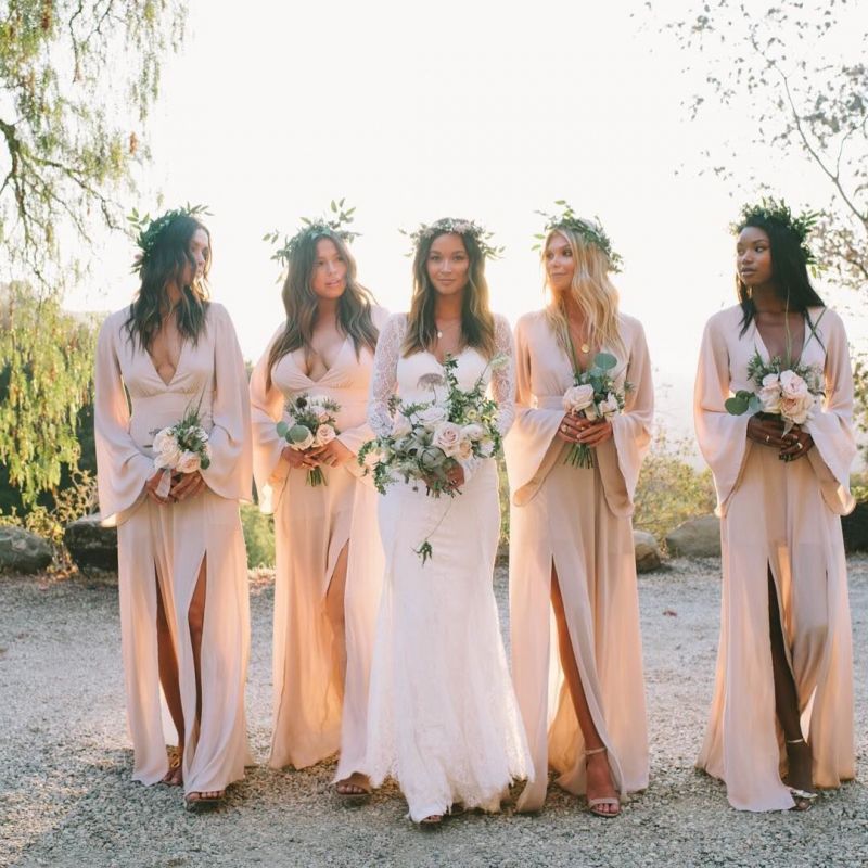Boho A-Line Deep V Neck Long Sleeves Light Pink Bridesmaid Dresses VK0123008