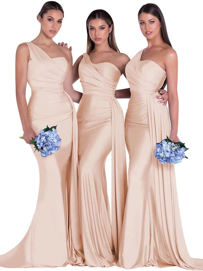 Mermaid/Trumpet Satin One-Shoulder Sleeveless Floor-Length Bridesmaid Dresses