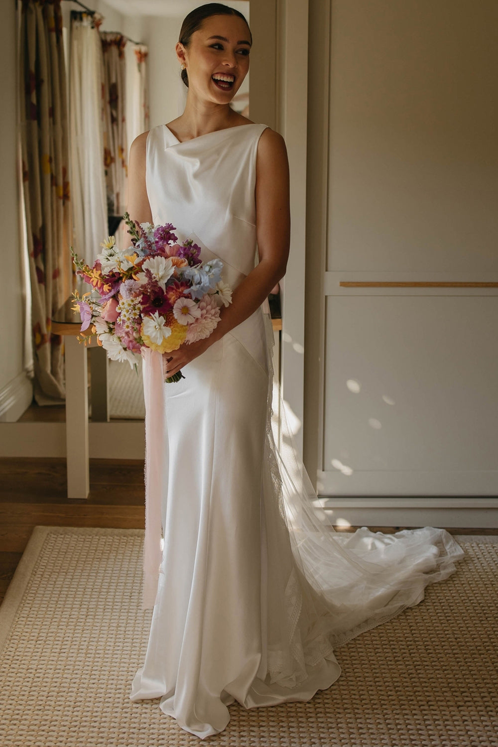 Chic Sheath Boat Neck Silk Satin Wedding Dresses