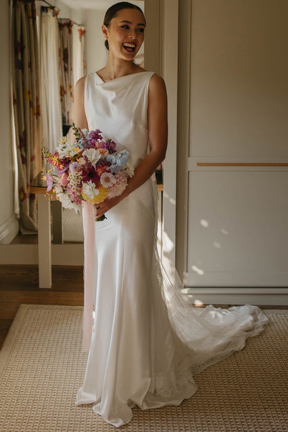 Chic Sheath Boat Neck Silk Satin Wedding Dresses
