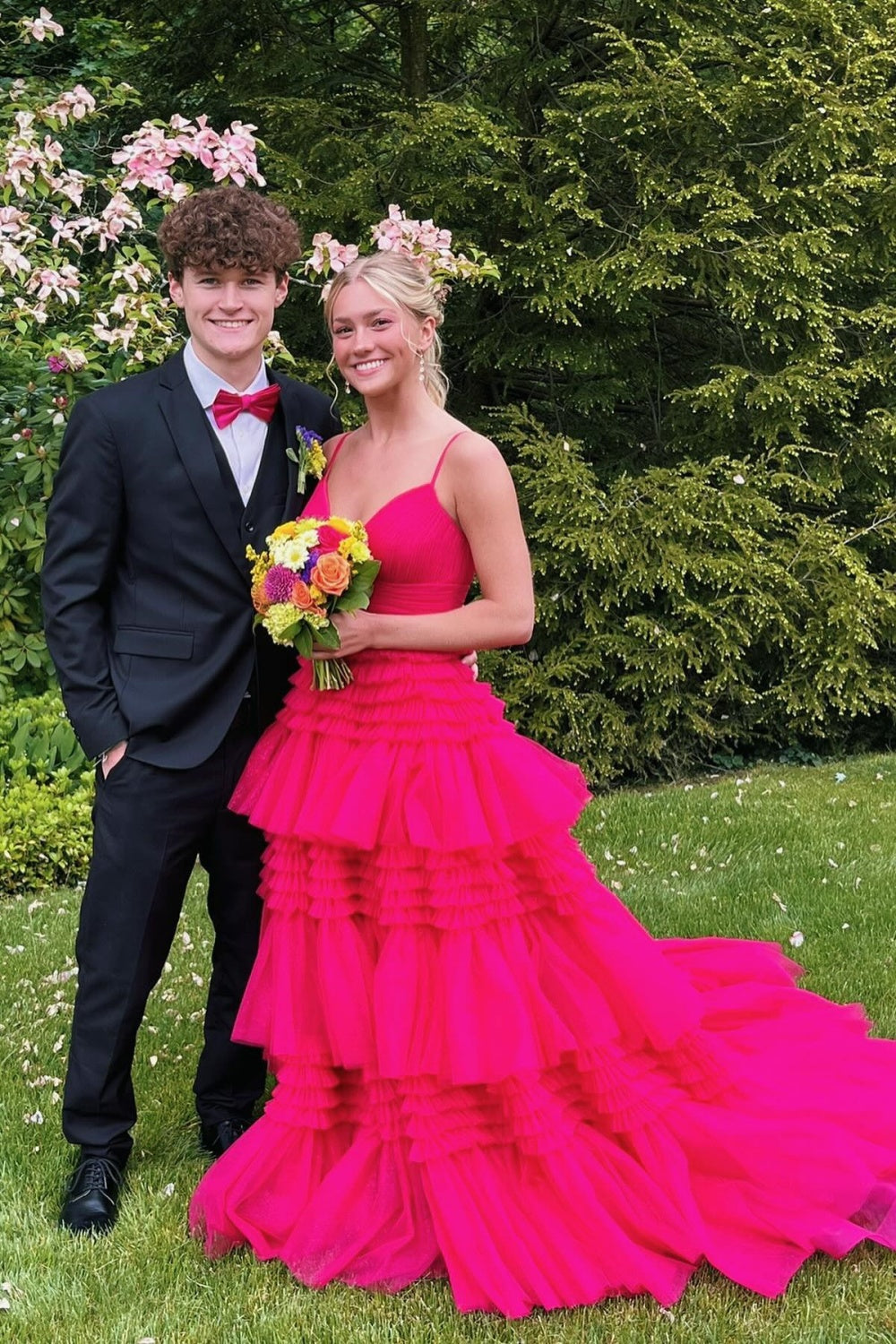 V-neck Pink Tulle Tiered Long Formal Dress
