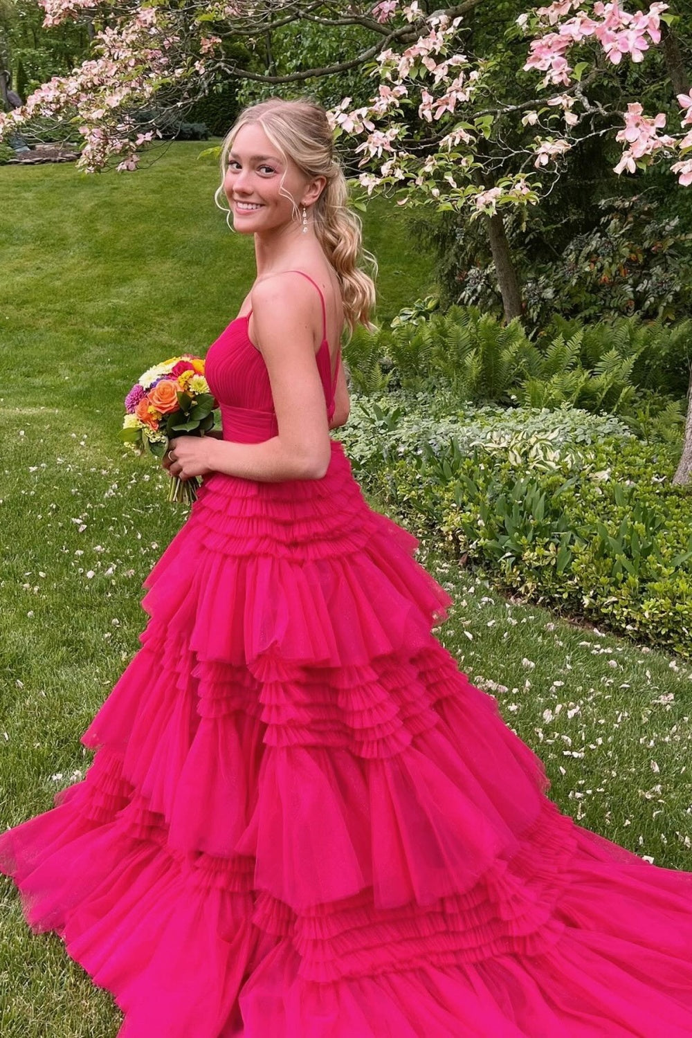 V-neck Pink Tulle Tiered Long Formal Dress