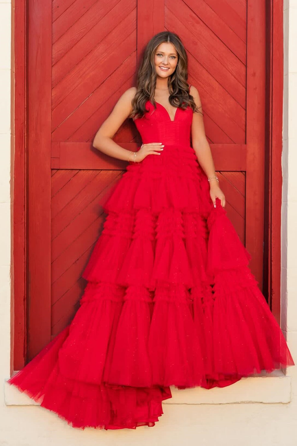 V-neck Pink Tulle Tiered Long Formal Dress