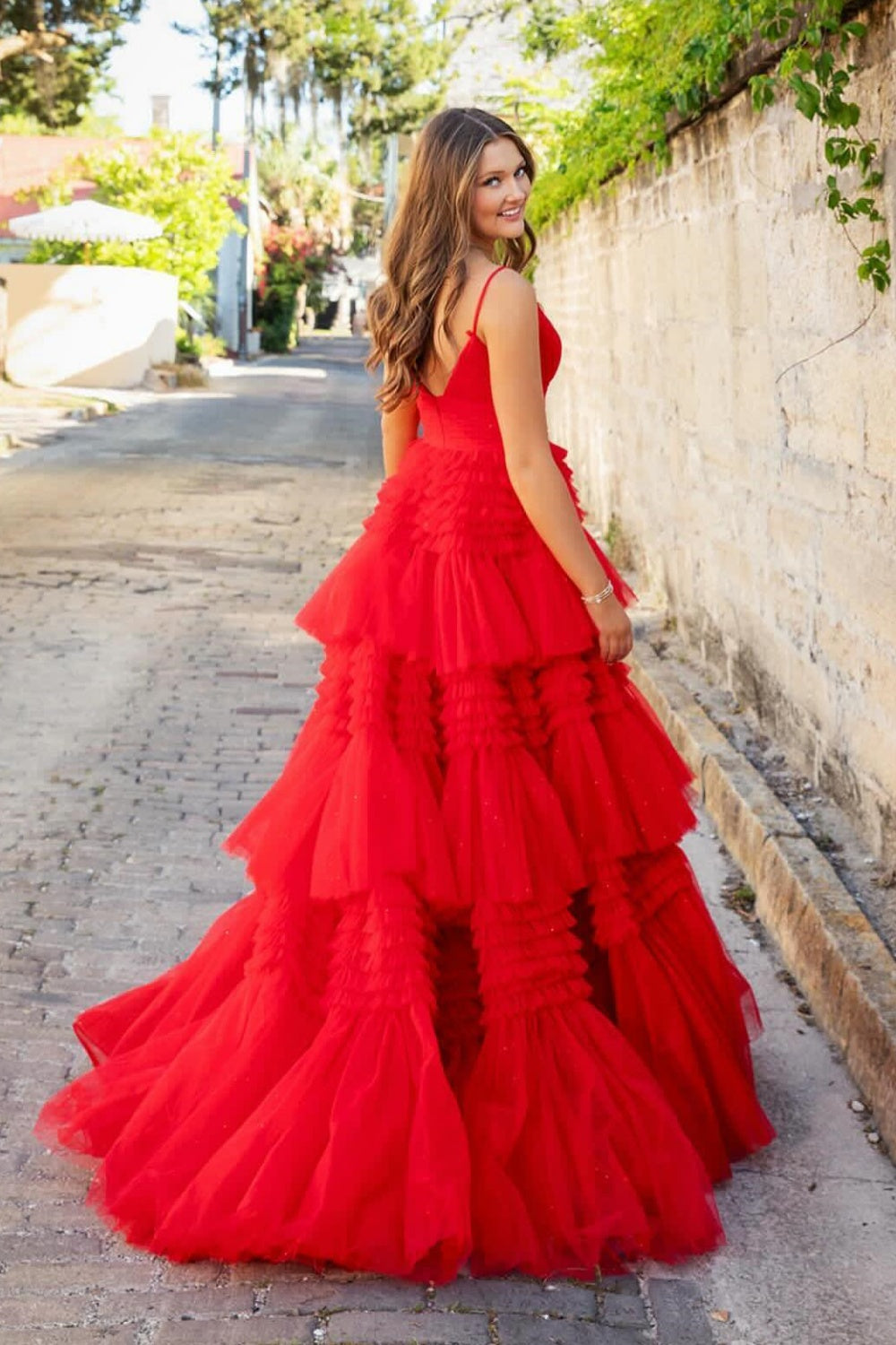 V-neck Pink Tulle Tiered Long Formal Dress
