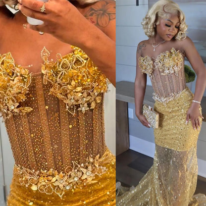 Vestido de fiesta de sirena dorado, vestido formal de noche, fiesta de cumpleaños, vestidos de compromiso fg7444