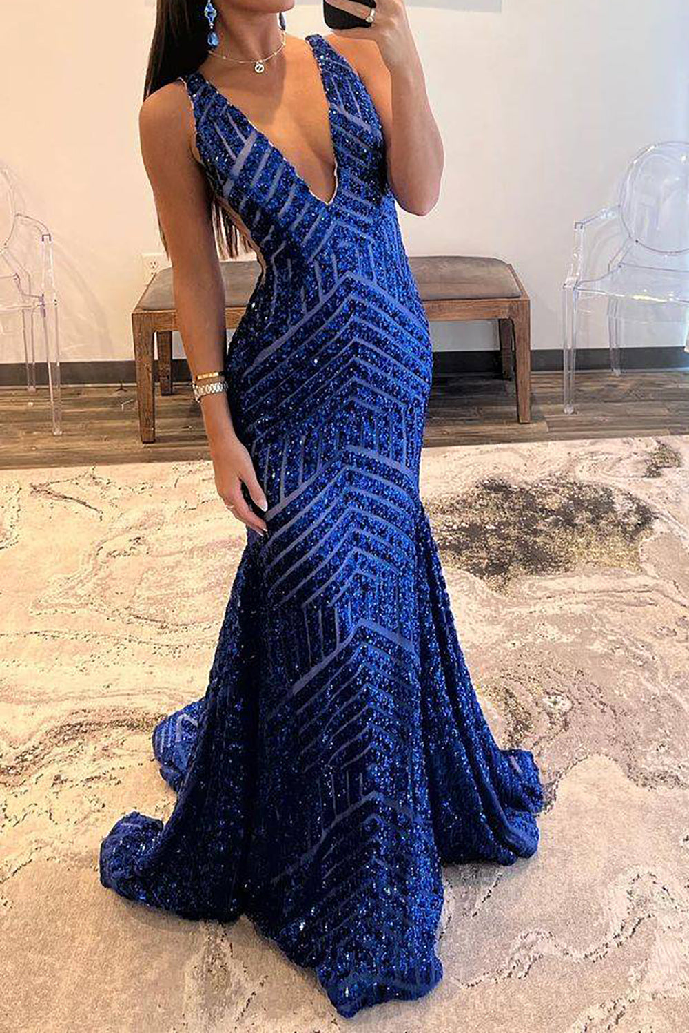 Hot Selling Mermaid Deep V Neck Royal Blue Sequins Long Prom Dress