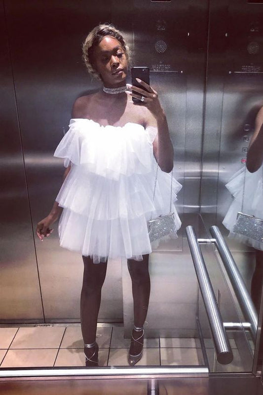 Hermoso vestido de fiesta blanco sin tirantes, vestido de fiesta de tul para dulces 16 fg1449