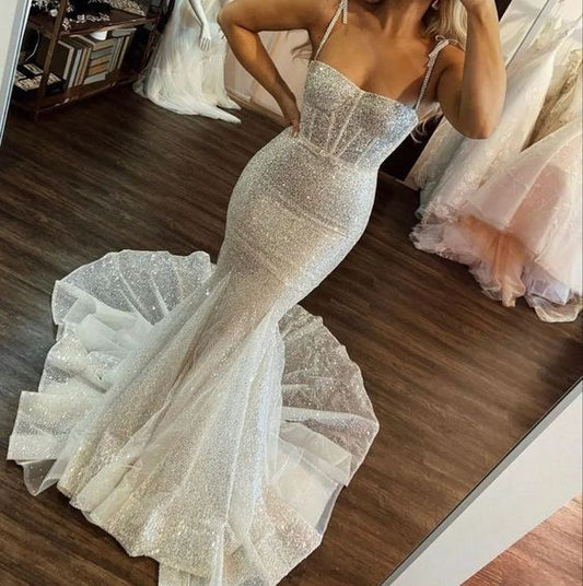 Vestidos de fiesta de sirena con lentejuelas de marfil sexys, vestidos de novia largos fg2400