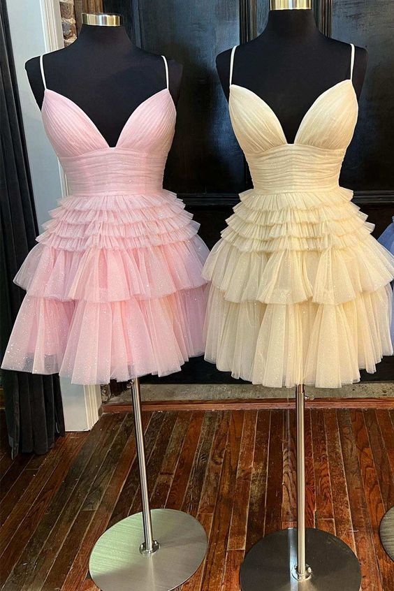 Vestido de fiesta corto de varios niveles con escote en V y corte en A, vestidos de cóctel rosa claro fg1530