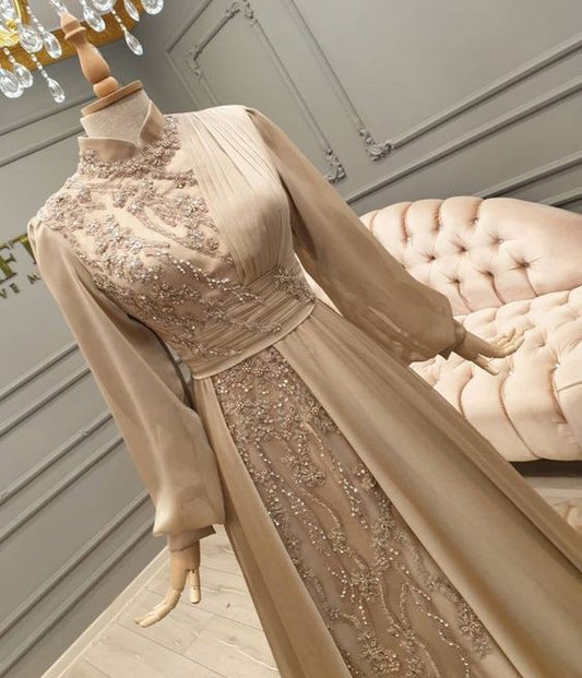 Vestido de fiesta musulmán de manga larga con apliques de tul, color champán, cuello alto, estilo árabe saudí, corte en A, vestidos de fiesta formales de noche fg1480