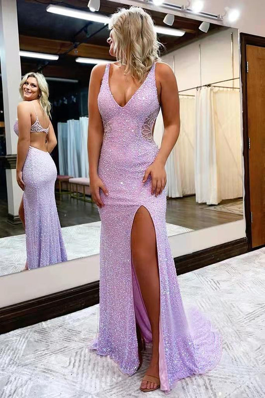 Vestido de fiesta largo sin mangas con escote en V de nuevo estilo, vestido de noche con lentejuelas brillantes y abertura fg1258