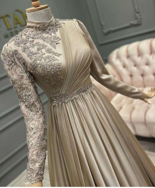 Vestido de fiesta musulmán de manga larga con apliques largos y champán, cuello alto, estilo árabe saudí, corte en A, vestidos de fiesta formales de noche fg1490