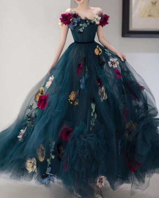 Vestido de fiesta largo con flores de tul, vestido formal de noche fg1678
