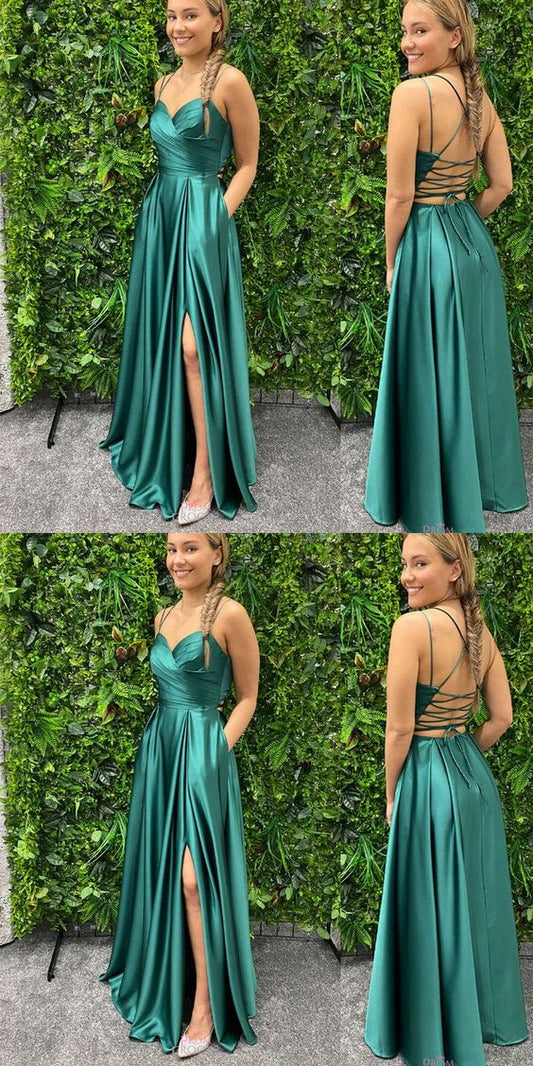 vestidos de fiesta verdes con aberturas laterales y entrecruzamiento fg2567