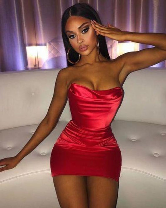 Vestido de fiesta corto rojo elegante sin tirantes y con corte en forma de tubo fg1099