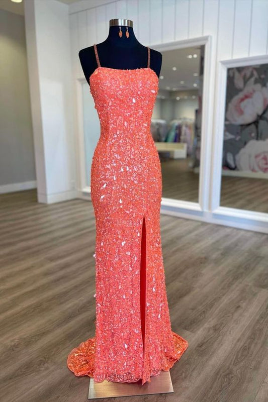 Vestido de fiesta largo con lentejuelas y color coral brillante, vestido formal con abertura fg1384