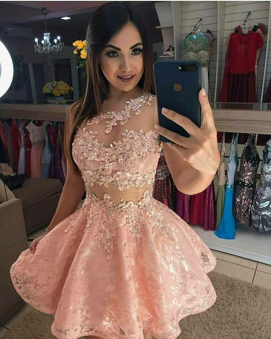 Vestido corto de fiesta de encaje rosa fg1075
