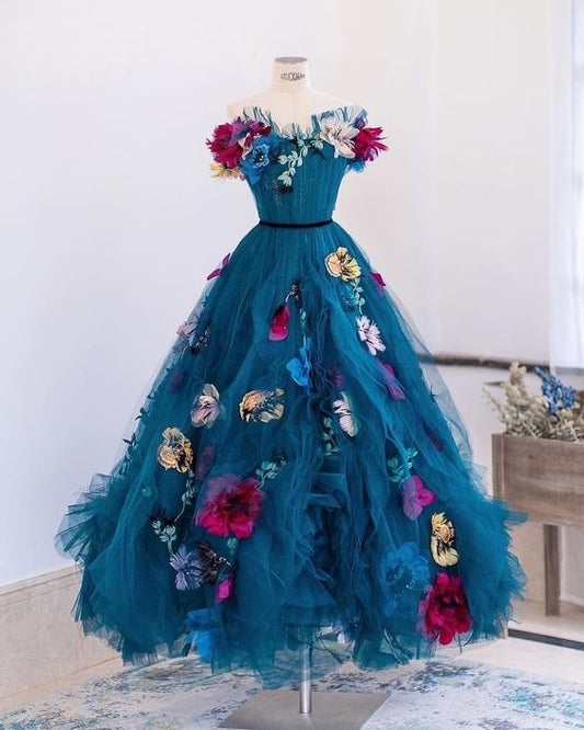 Vestido de fiesta largo con flores de tul, vestido formal de noche fg1680