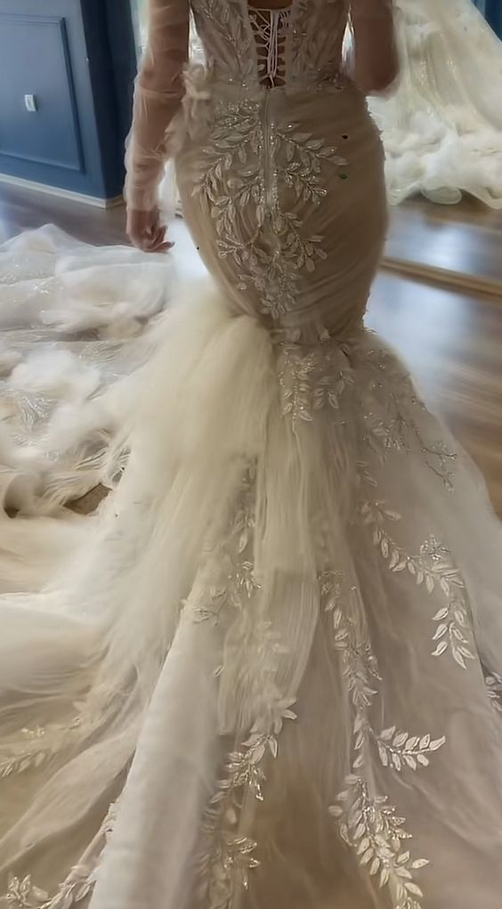 Vestido de fiesta de encaje marfil, vestido de noche largo, vestido de novia fg2467