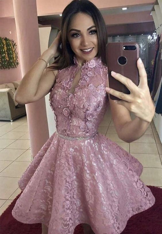 Vestido corto de encaje rosa para la fiesta de bienvenida fg1070