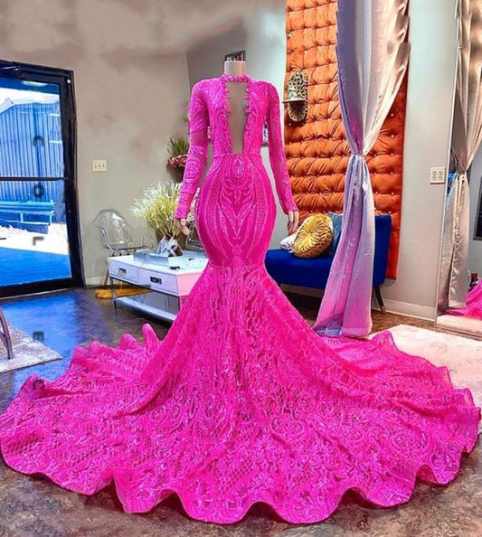 Vestidos de fiesta largos de estilo sirena ajustados sexys con encaje rosa y manga larga y cuello alto para niñas negras africanas fg1611