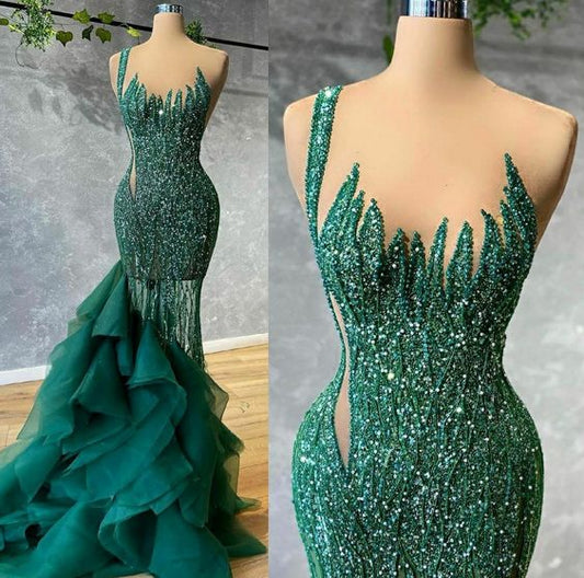 Vestido de fiesta de sirena verde, vestido de noche fg1246