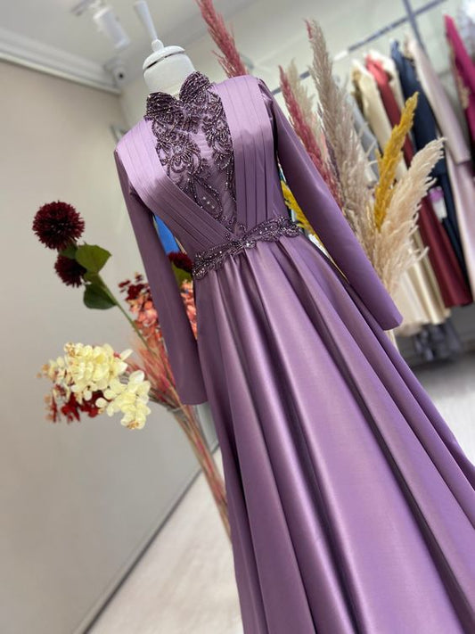 Vestido de novia musulmán, vestido de fiesta musulmán, vestido de noche con velo hecho a medida fg1716