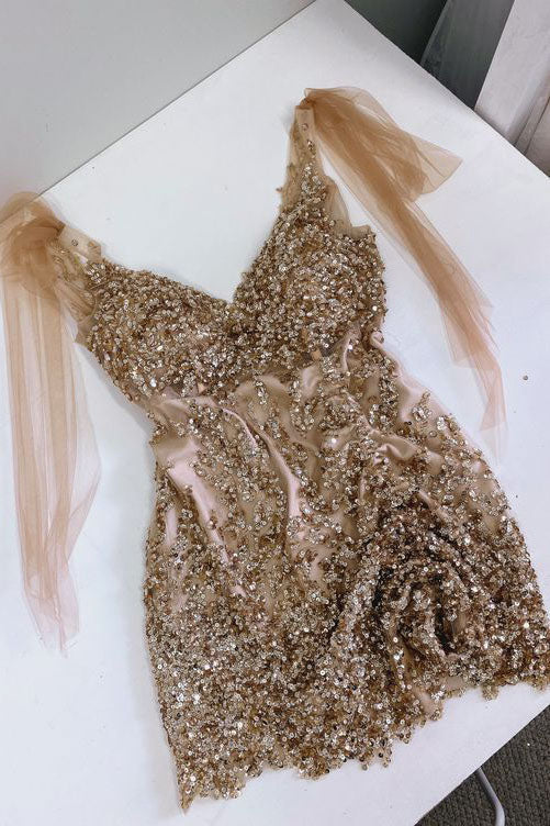 Vestidos de fiesta cortos ajustados con lentejuelas y escote en V y corte en A con purpurina fg1418