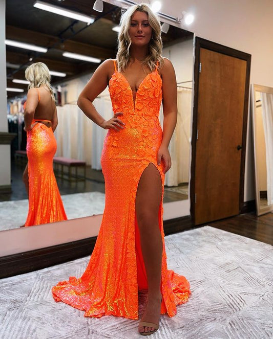 Vestidos de fiesta largos con escote en V y lentejuelas naranjas de sirena a la moda con abertura fg1259