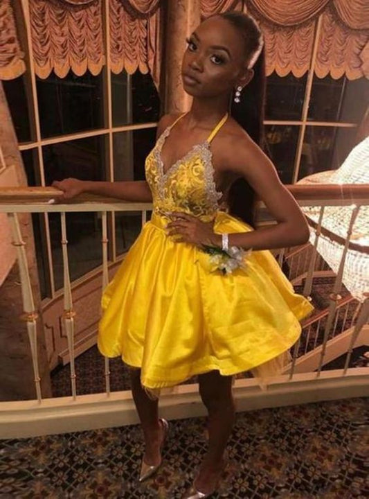 Minivestido de fiesta con escote halter, espalda descubierta, apliques de cuentas y satén amarillo, corte A, fg1098
