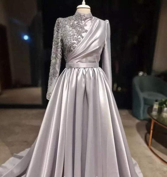Vestido de fiesta plateado de manga larga, vestidos de noche de Dubái, vestidos de fiesta de boda para mujeres musulmanas fg1493